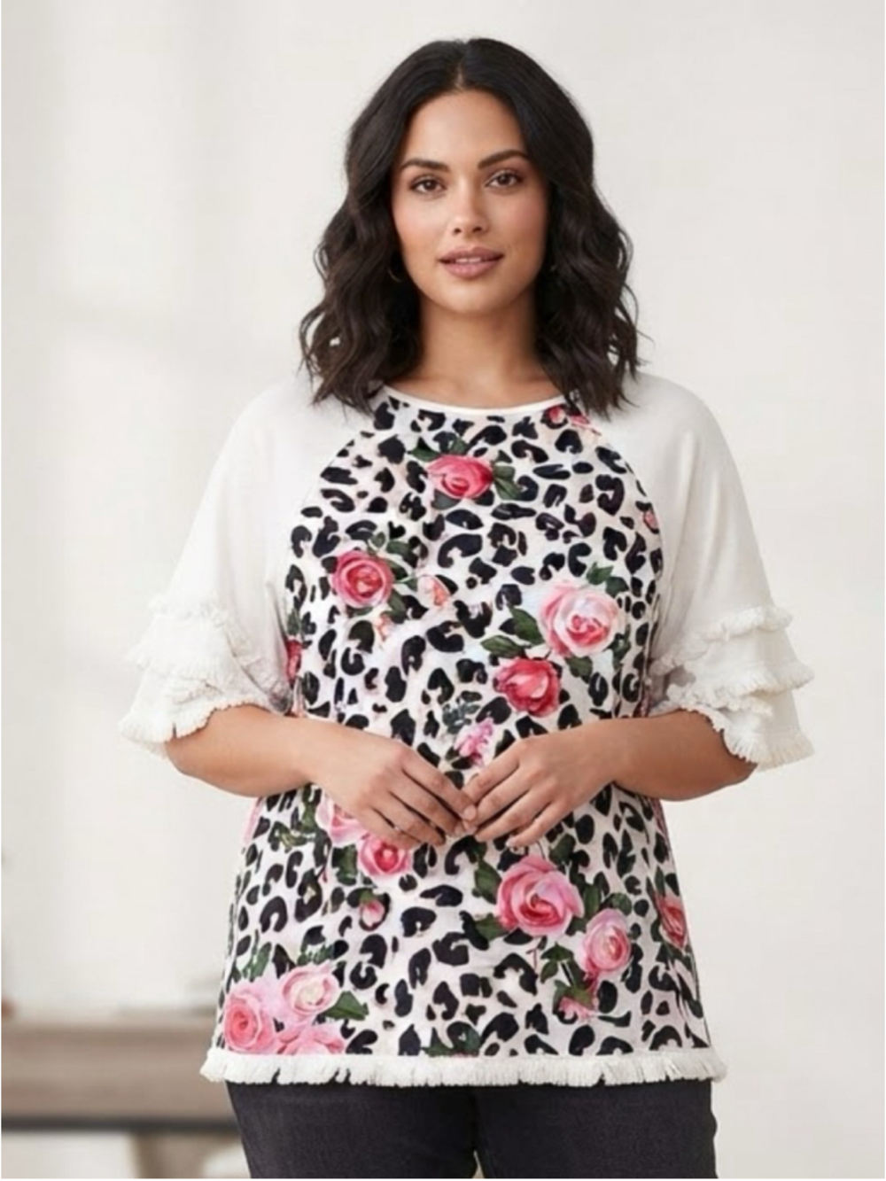 Women's Unbranded Floral Leopard Print Ruffle Sleeve Tee White Pink Size XL